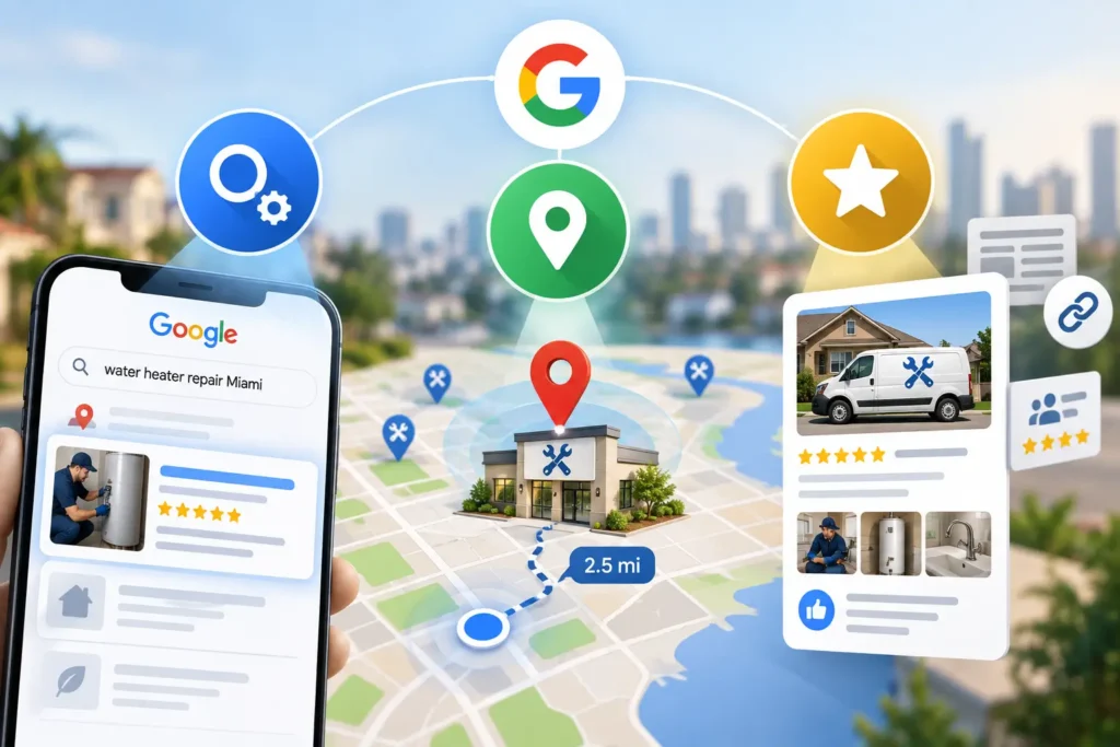 Illustration showing how relevance, distance, and prominence influence local SEO rankings for a home service business.