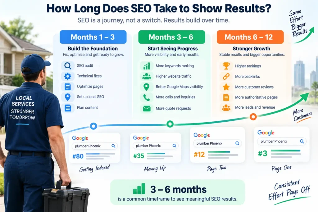 SEO timeline infographic showing how results can develop over 1–3, 3–6, and 6–12 months, from SEO setup and early ranking improvements to stronger traffic, leads, and growth.
