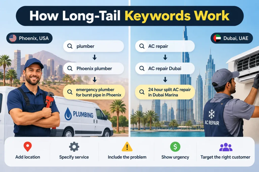 Infographic showing how long-tail keywords become more specific from “plumber” to “emergency plumber for burst pipe in Phoenix” and “24 hour split AC repair in Dubai Marina.”
