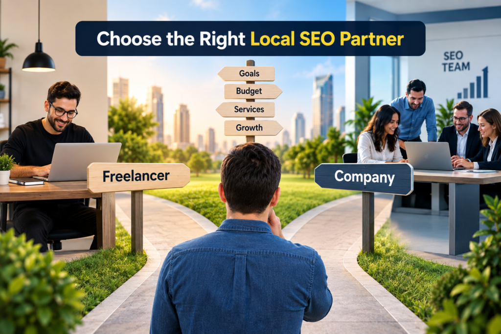 Business owner choosing between a local SEO freelancer and company based on goals, budget, services, and growth