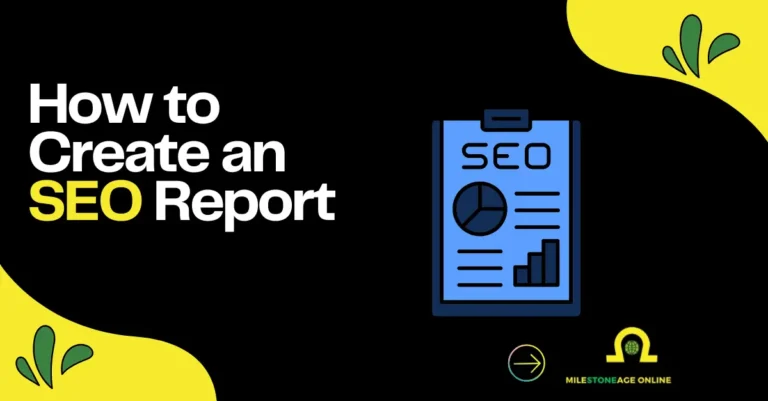 How to Create an SEO Report, with an SEO report illustration and charts on a black and yellow background.