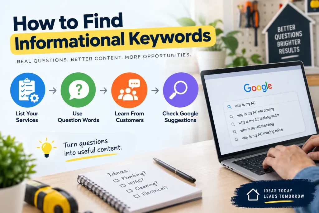 Informational keyword research infographic showing four steps: list services, use question words, learn from customers, and check Google suggestions.