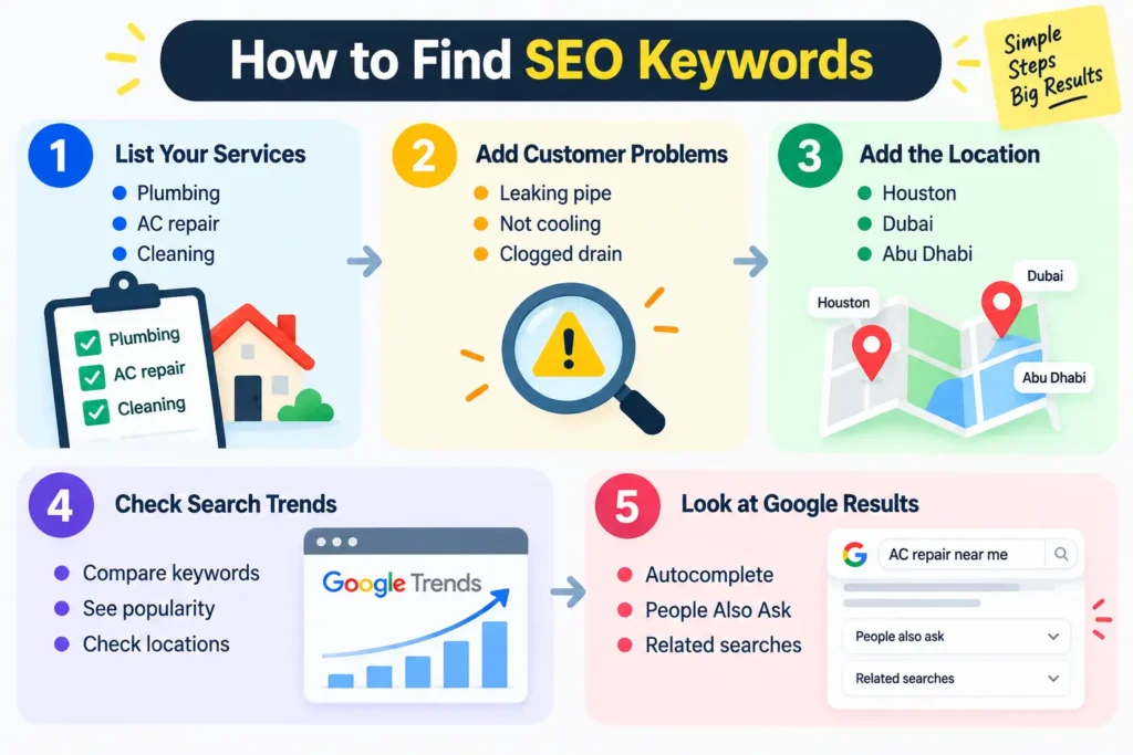 How to find SEO keywords infographic showing five steps: list services, identify customer problems, add location, check search trends, and review Google results.
