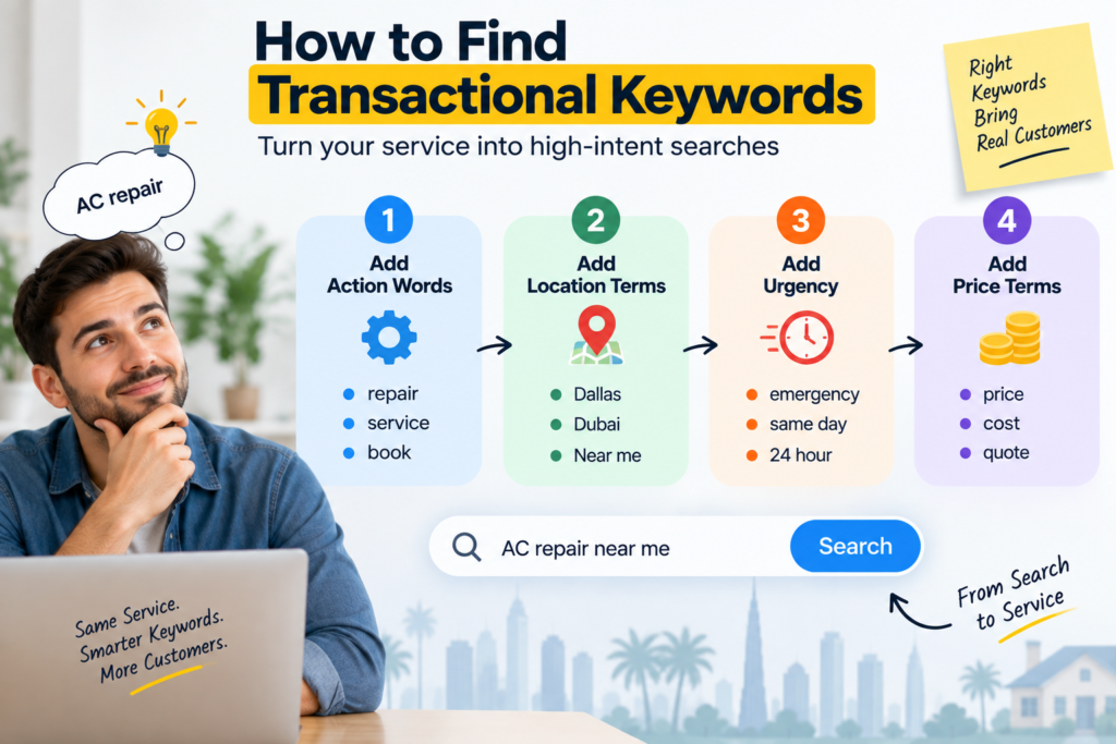 Infographic showing four steps to find transactional keywords: add action words, location terms, urgency, and price terms.