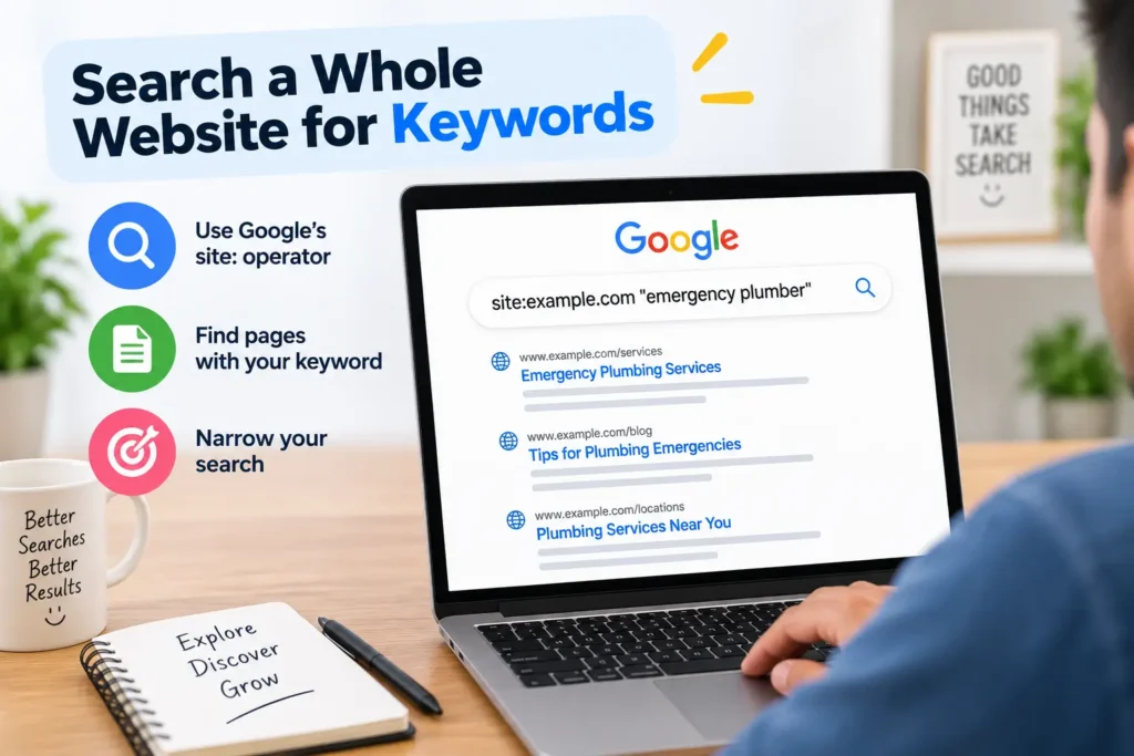 Using site and keyword searches to find relevant pages across a website.