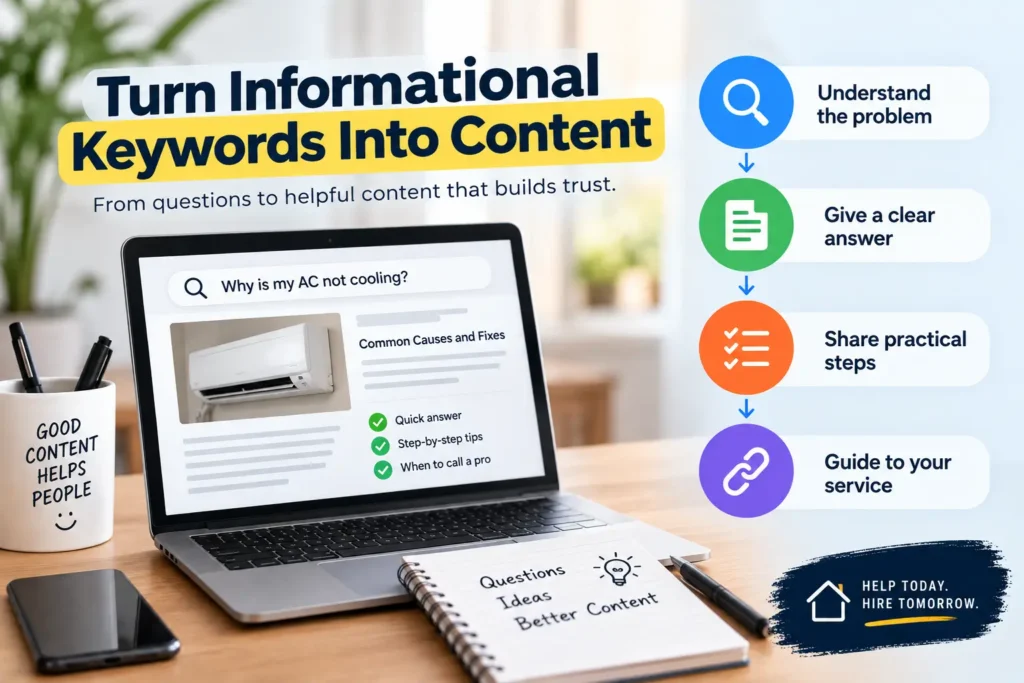 Informational content infographic showing how to turn keywords into helpful content by understanding problems, giving clear answers, sharing practical steps, and guiding users to services.