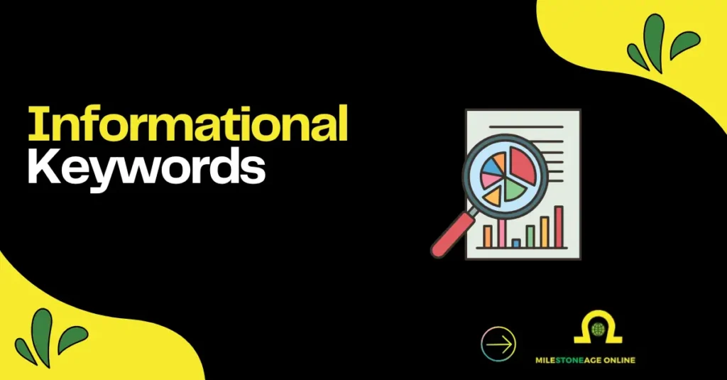 Informational Keywords SEO graphic with a keyword research illustration and analytics chart.
