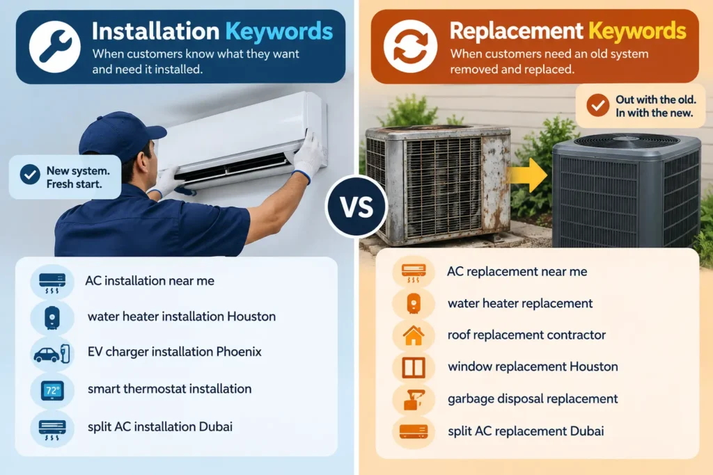 Split infographic comparing installation keywords and replacement keywords for home services, with AC, water heater, EV charger, roofing, and window examples.