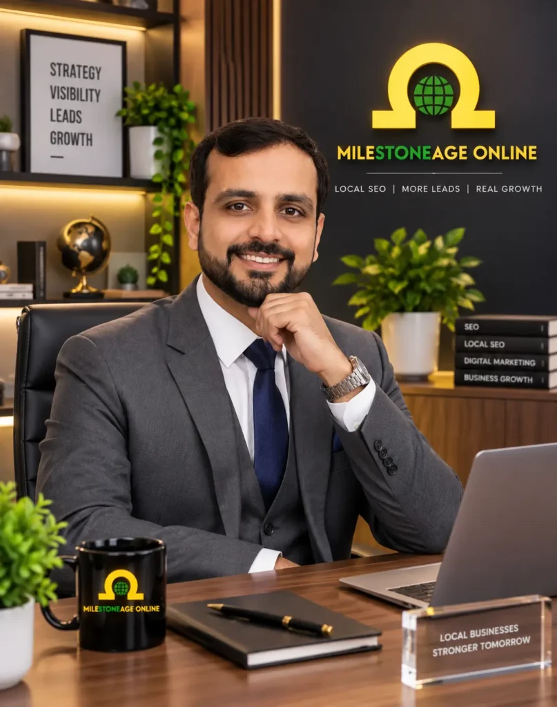 Kashir Azad, Founder of Milestoneage Online, smiling confidently in a professional suit in a modern digital marketing office.