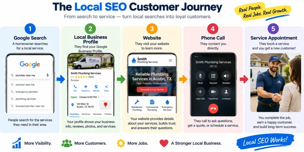 Local SEO customer journey showing Google Search, local business profile, website, phone call, and service appointment for a home service business.