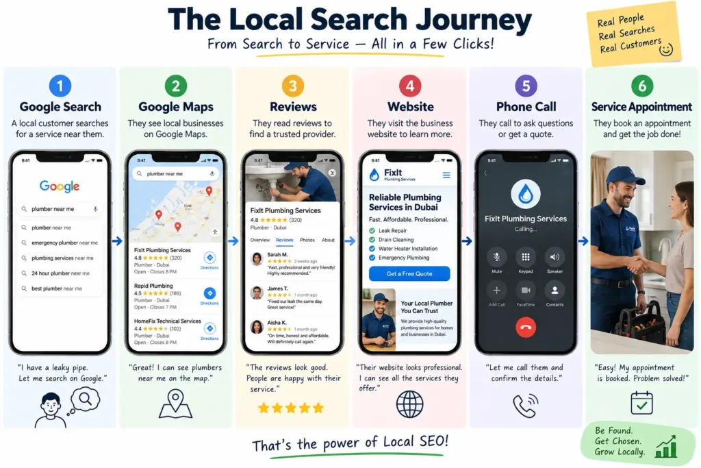 Local search journey showing Google Search, Google Maps, reviews, website, phone call, and service appointment for a home service business.