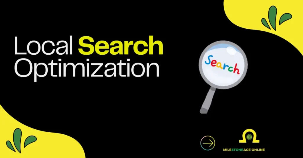 Local search optimization graphic with search icon and branding.