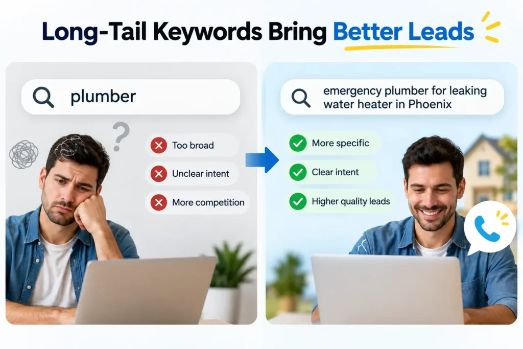 Infographic comparing the broad keyword “plumber” with a specific emergency plumber search, showing clearer intent and better-quality leads.