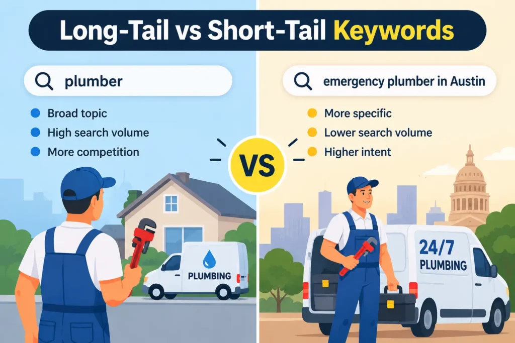 Long-tail vs short-tail keywords comparison showing broad “plumber” and specific “emergency plumber in Austin” searches.