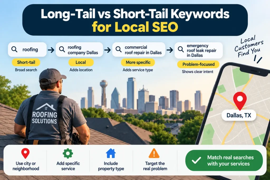 Local SEO infographic showing “roofing” becoming “emergency roof leak repair in Dallas” with location, service, property type, and problem-focused keyword examples.
