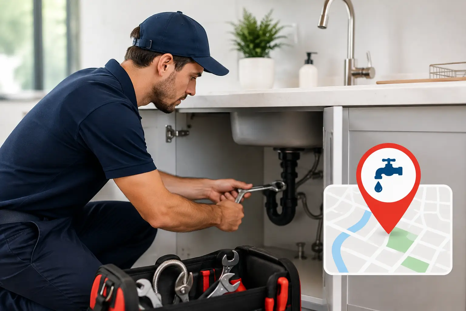 Plumber repairing sink pipes with tools beside a local map pin, representing local SEO for plumbing services.