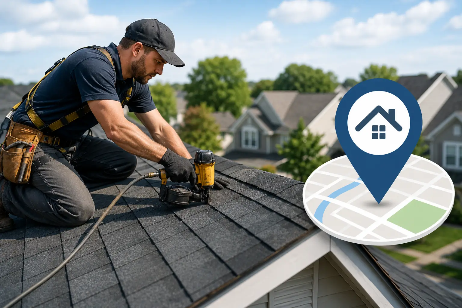 Roofer installing shingles on a suburban home with a local map pin, representing local SEO for roofing companies.