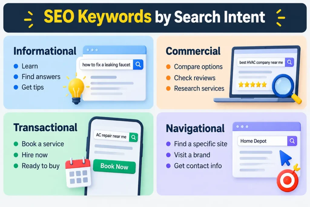 SEO keywords by search intent infographic showing informational, commercial, transactional, and navigational keyword types with short examples.