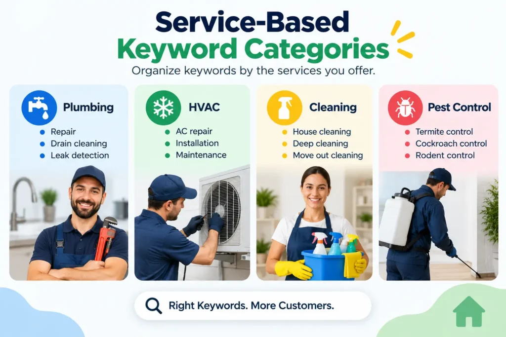 Infographic showing plumbing, HVAC, cleaning, and pest control keyword categories with related service examples.