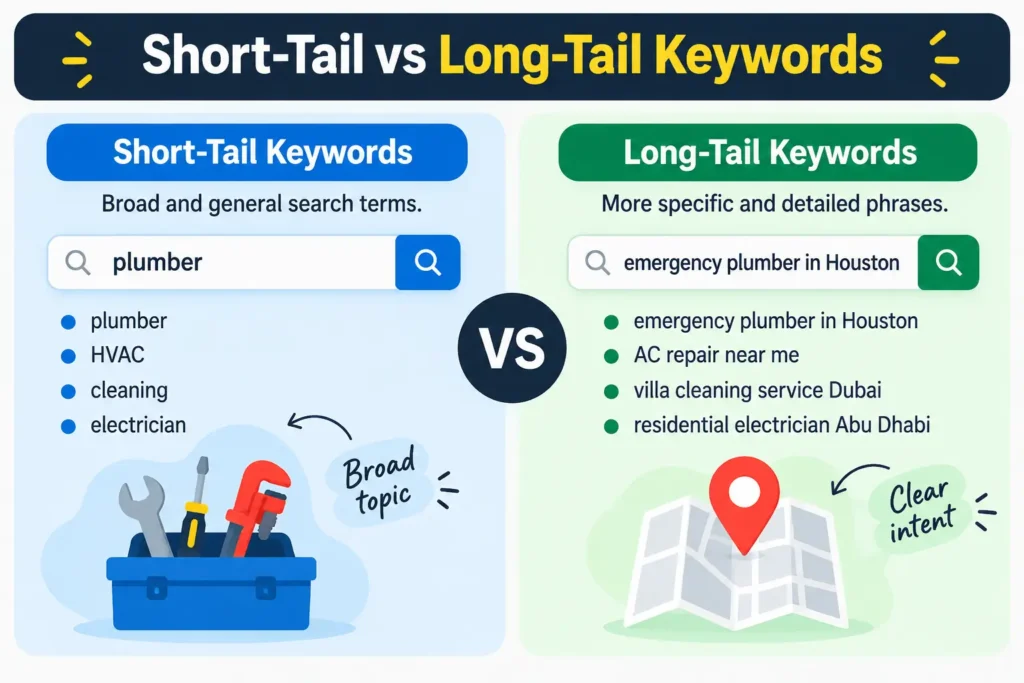 Short-tail vs long-tail keywords infographic comparing broad terms like plumber with specific phrases like emergency plumber in Houston.