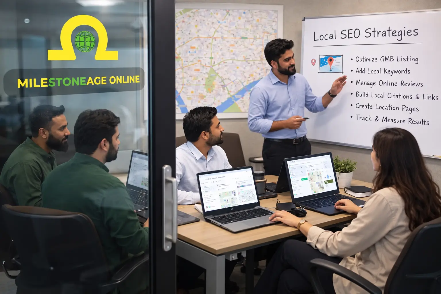 Milestoneage Online team discussing local SEO strategies in a modern office with laptops, a city map, and a local SEO whiteboard.