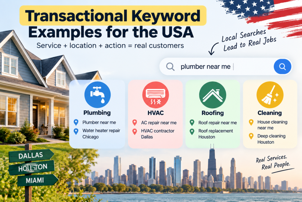 Infographic showing U.S. home service keyword examples for plumbing, HVAC, roofing, and cleaning using location-based searches.