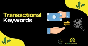 Transactional Keywords SEO graphic showing money exchange, a target icon, and the title “Transactional Keywords.”