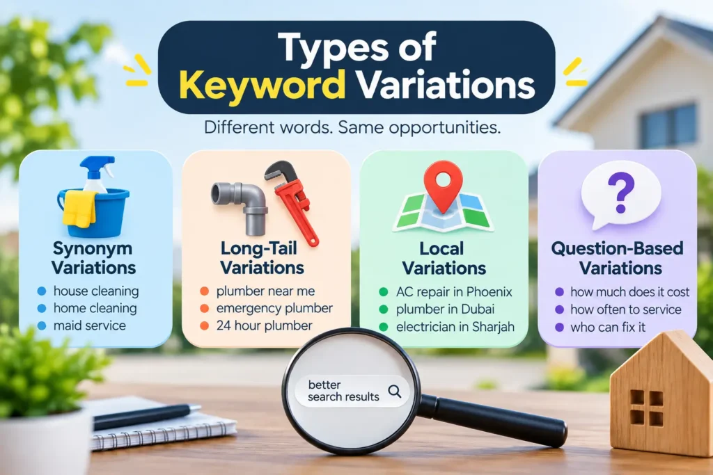 Types of keyword variations including synonym, long-tail, local, and question-based keyword examples for SEO.
