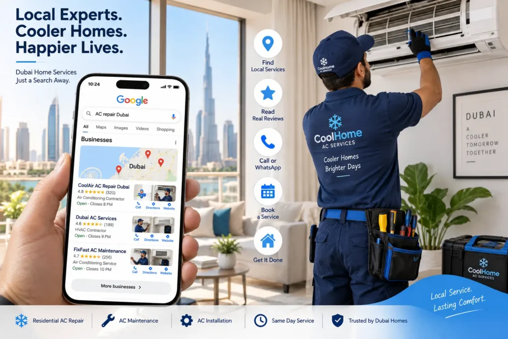 Dubai AC technician repairing a home air conditioner while a smartphone shows local AC repair search results in Dubai.