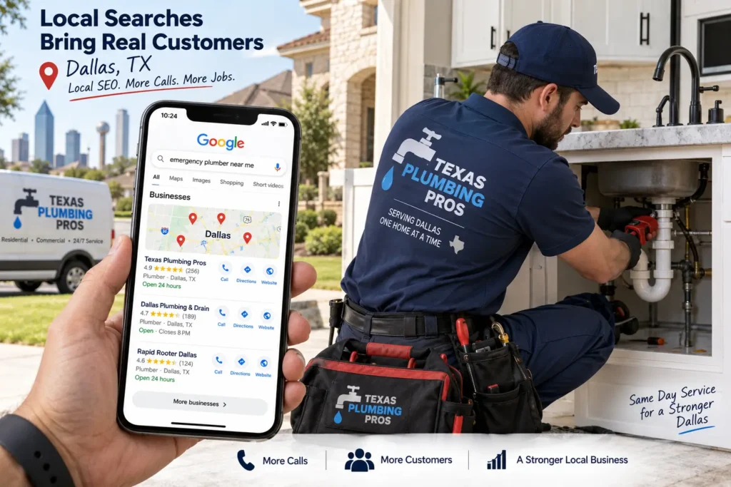 Dallas plumber working at a home while a smartphone displays a local search for an emergency plumber near me.