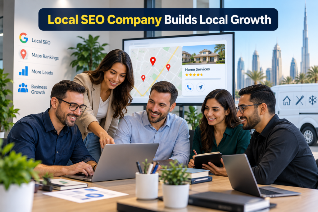 Local SEO company team analyzing maps, rankings, and home service business growth