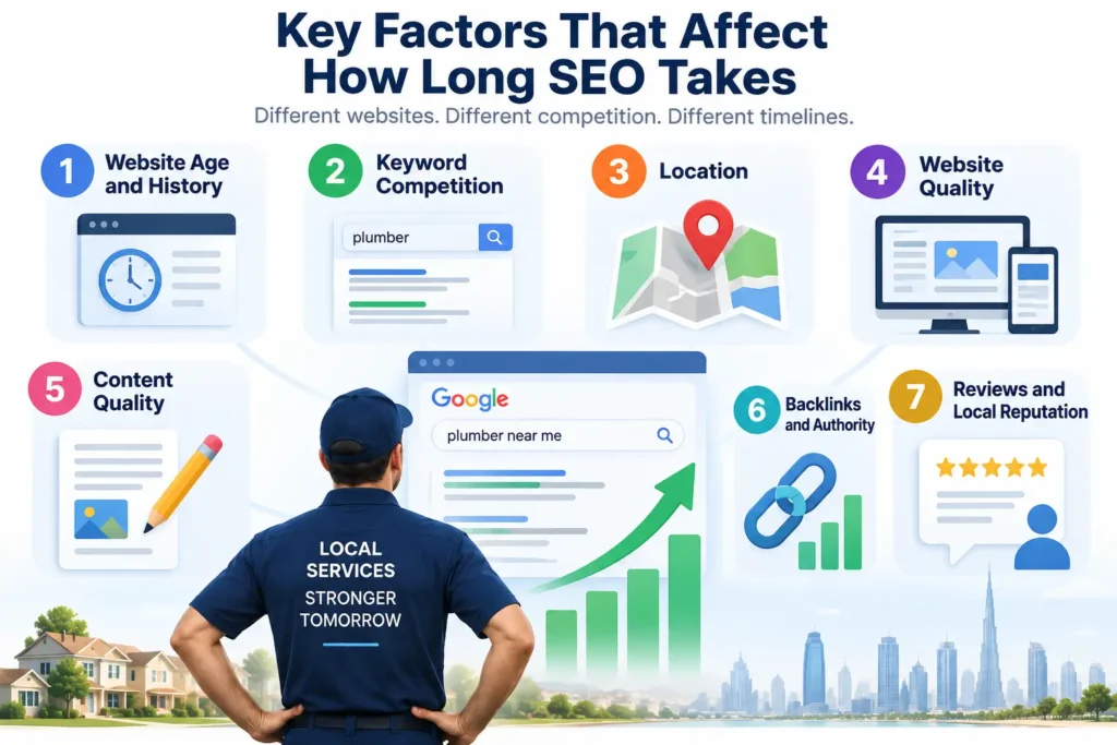 SEO infographic showing seven factors that affect how long SEO takes, including website age, keyword competition, location, website quality, content quality, backlinks, and customer reviews.