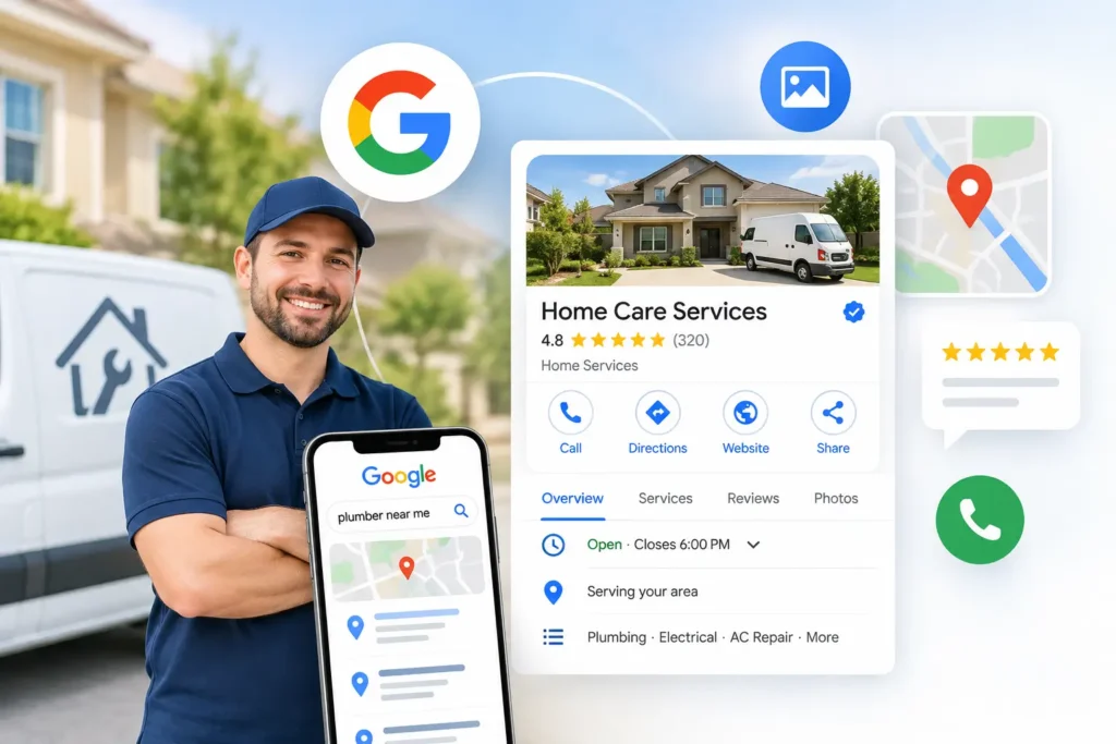 Illustration of a Google Business Profile for a home service business showing services, reviews, contact details, photos, and location information.