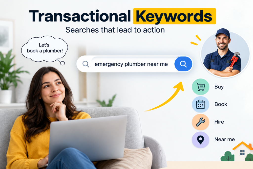 Infographic explaining transactional keywords with a search for “emergency plumber near me” and action terms such as buy, book, hire, and near me.