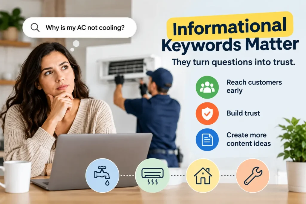 Informational keywords infographic showing a homeowner searching for AC help, with benefits of reaching customers early, building trust, and creating content ideas.