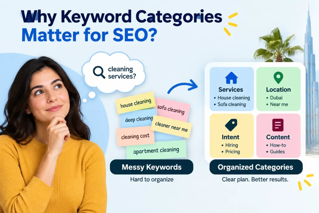 Infographic showing messy cleaning keywords organized into service, location, intent, and content categories.