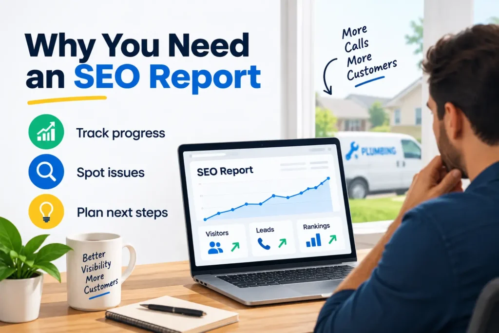 How to create an SEO report with an SEO dashboard showing website traffic, leads, rankings, and progress.