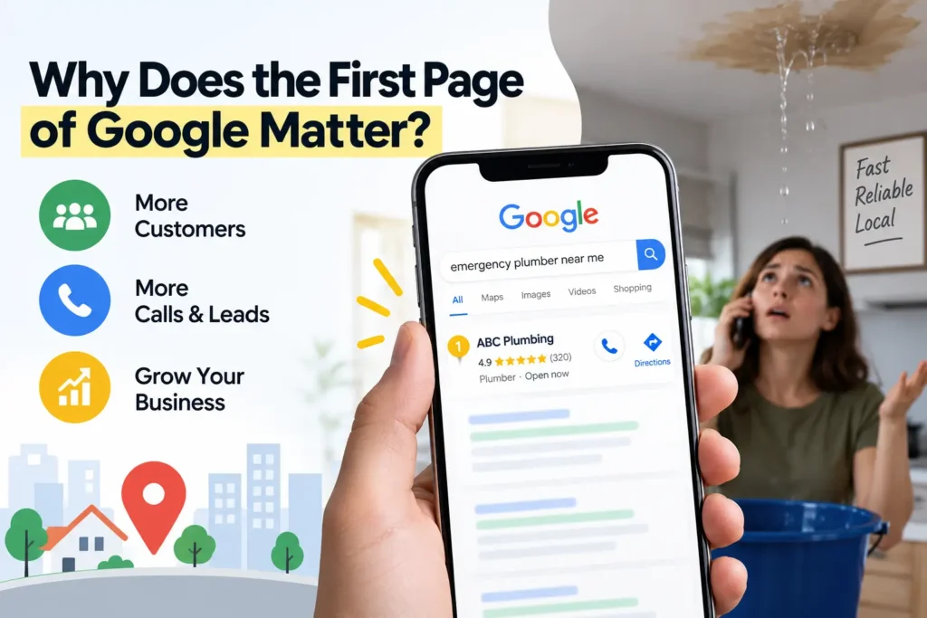 Google first-page SEO showing how local search brings customers, calls, and leads to a plumbing business.
